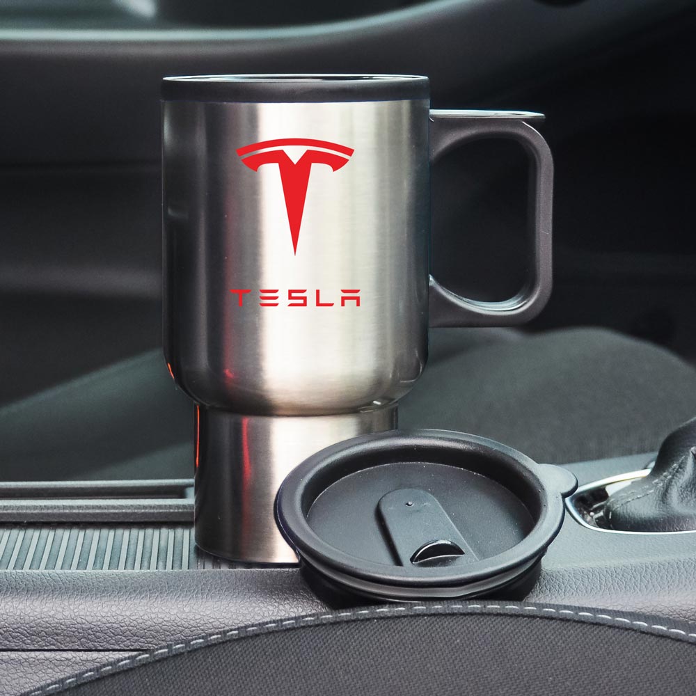 Термокухоль автомобільний з логотипом Tesla сріблястий 400 мл
